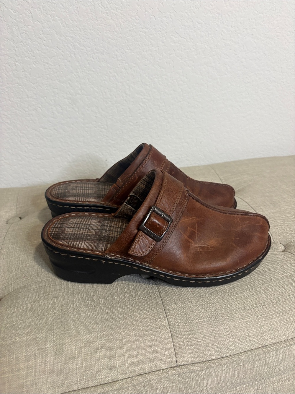 Women's Brown Leather Slip-On Clog Mule with Buckle Detail 10